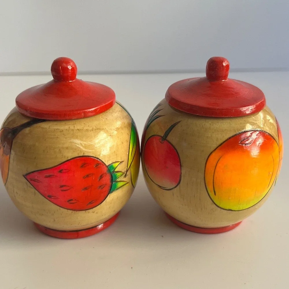 Vintage Hand Painted Wooden Fruit Canisters Set of 2 Red Lids Folk Art Jars